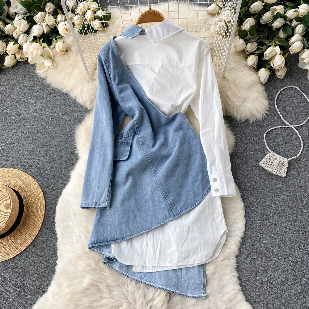 Spring and Autumn New Irregular Long Sleeve Shirt Stitching Temperament Fried Street Dress Women's Design Sense Niche