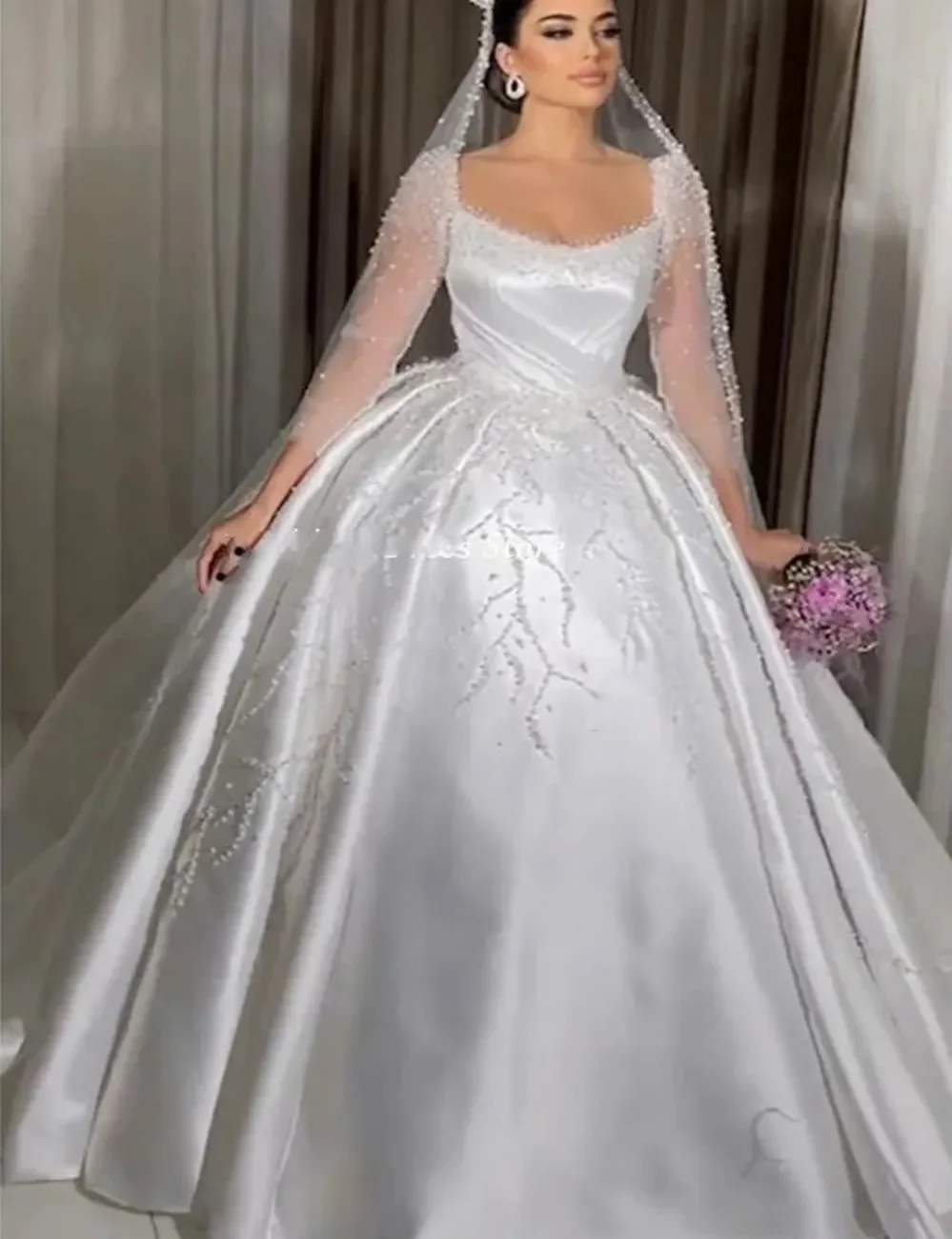 Customized Sheer Neck Sparkly Pearls Beads Ballgown Wedding Dress  Robe De Mariée  Plus Size Long Sleeves Church  Bridal Gowns