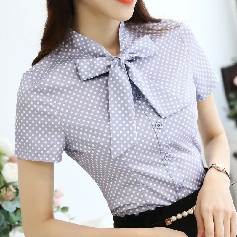 New Fashion Summer Office Lady Shirt Women 2024 Short Sleeve Bow Neck Women\'s Clothing Wave Point Woman Tops Blusas 893F