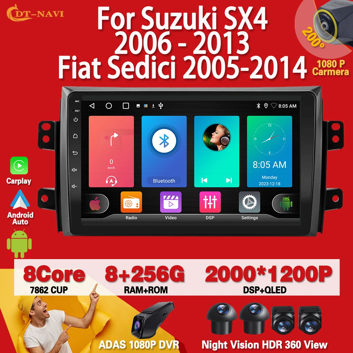 

Автомобильный радиоприемник carplay на Android 13 для Suzuki SX4 2006 - 2013 Fiat Sedici 2005-2014 мультимедийный видеоплеер навигация GPS 4G WIFI BT