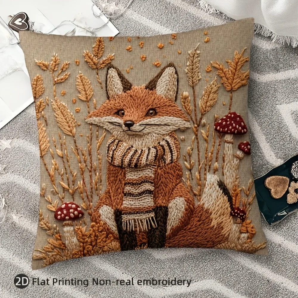 Herbstlicher Fuchs Kissenbezug mit Kunststickerei, doppelseitig bedruckt, gemütlicher Kissenbezug für Schlafzimmer, Wohnzimmer, Sofa, warmes Ambiente, Accessoire, Geschenk