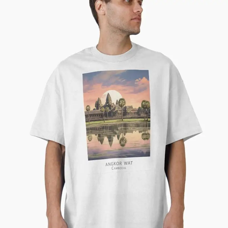 Angkor Wat Sunset Mystical Temple Reflection Retro Vintage Travel Poster Oversized T-Shirt