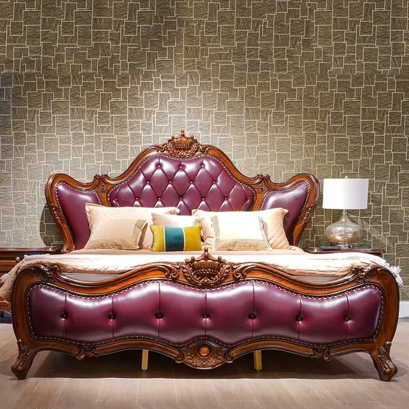 

American solid wood leather , European villa high end luxury retro soft bag bed