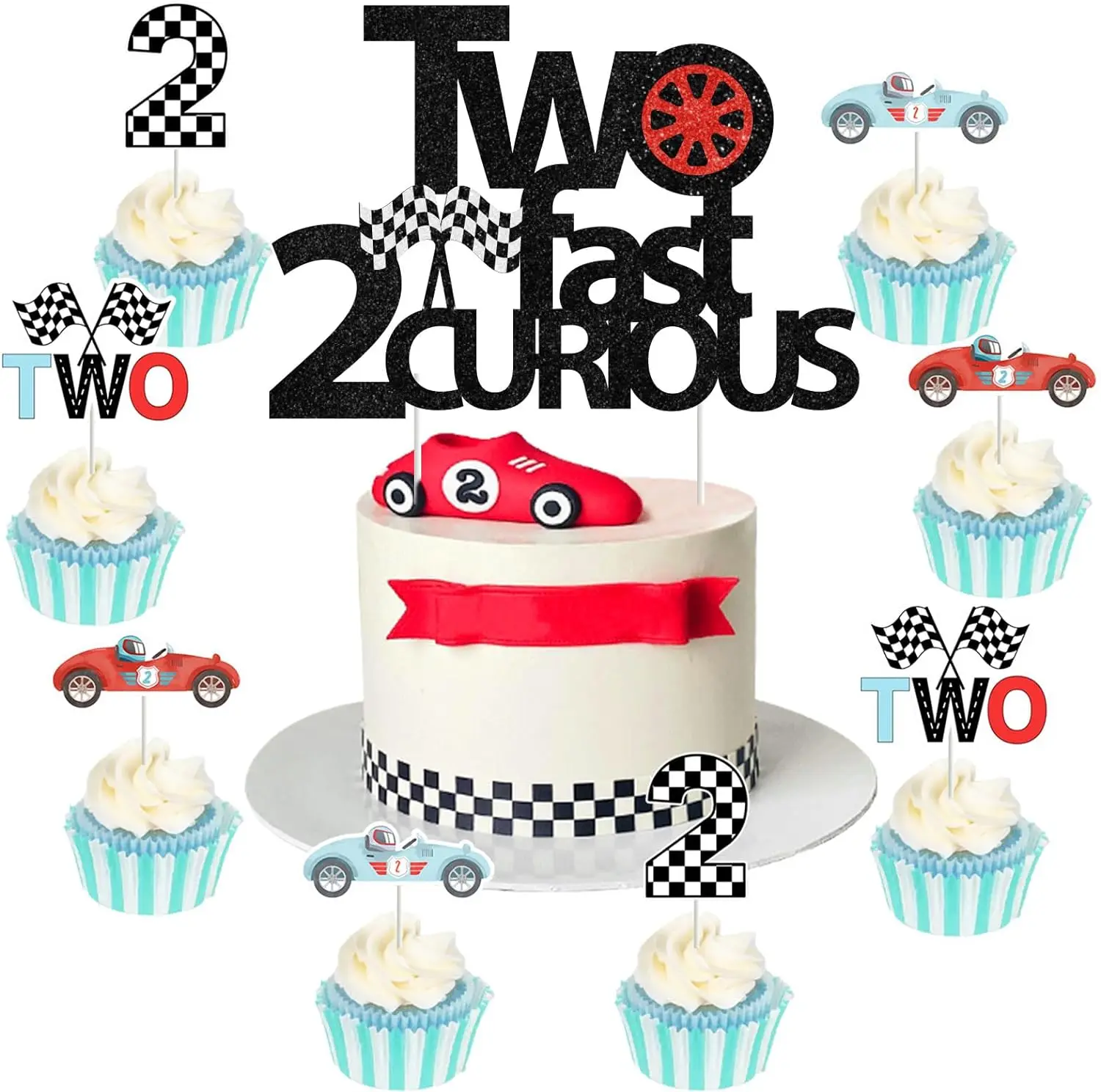 Two Fast Two Curious Birthday Decor 25Pcs Vintage Race Car Cupcake Toppers for Boy 2nd Birthday Let’s Go Racing Party Supplies