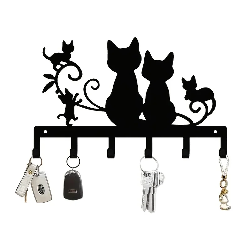 【2D Flat】Black Cat Silhouette Metal Wall Hook Elegant Key Holder Home Decor for Living Room, Bedroom Entryway Rustproof Stylish