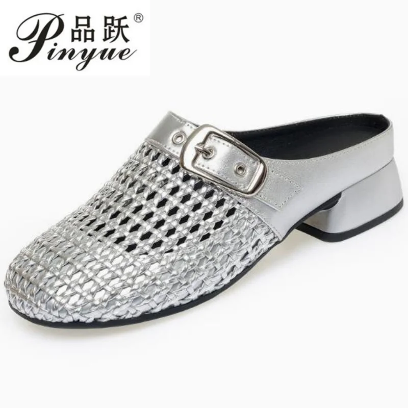 

Женские летние шлепанцы 4 см, новые, в стиле ретро, плетеные, дышащие, с вырезами, полуоткрытые, повседневные туфли на блочном каблуке, женские сандалии для отдыха, размеры 35-40