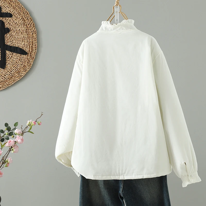 سترة قطنية رفيعة مع أزرار مرقعة من الدانتيل مُزينة بنقشة الزهور، ملابس قطنية صغيرة ذات ياقة مائلة للسيدات، خفيفة الوزن #5