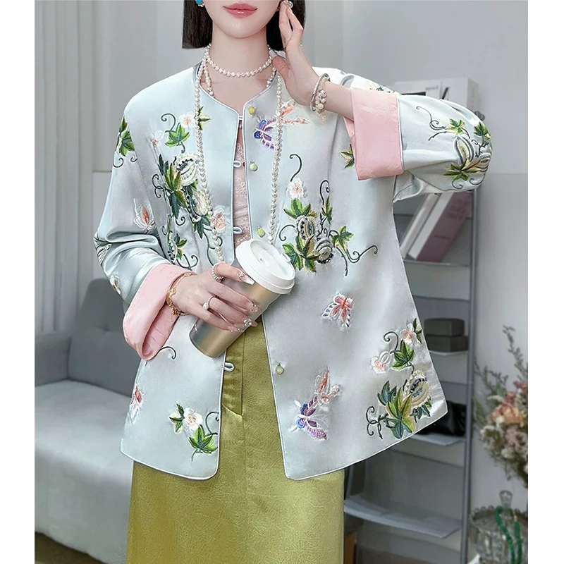 High Quality Fashionable Embroidery+Beaded Acetate Satin O-Neck Top Women\'s Contrasting Sleeves Single Breasted Jacket S-XXL