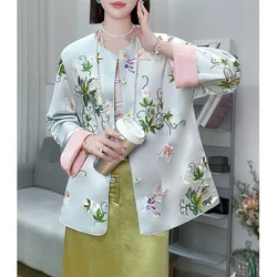 High Quality Fashionable Embroidery+Beaded Acetate Satin O-Neck Top Women's Contrasting Sleeves Single Breasted Jacket S-XXL