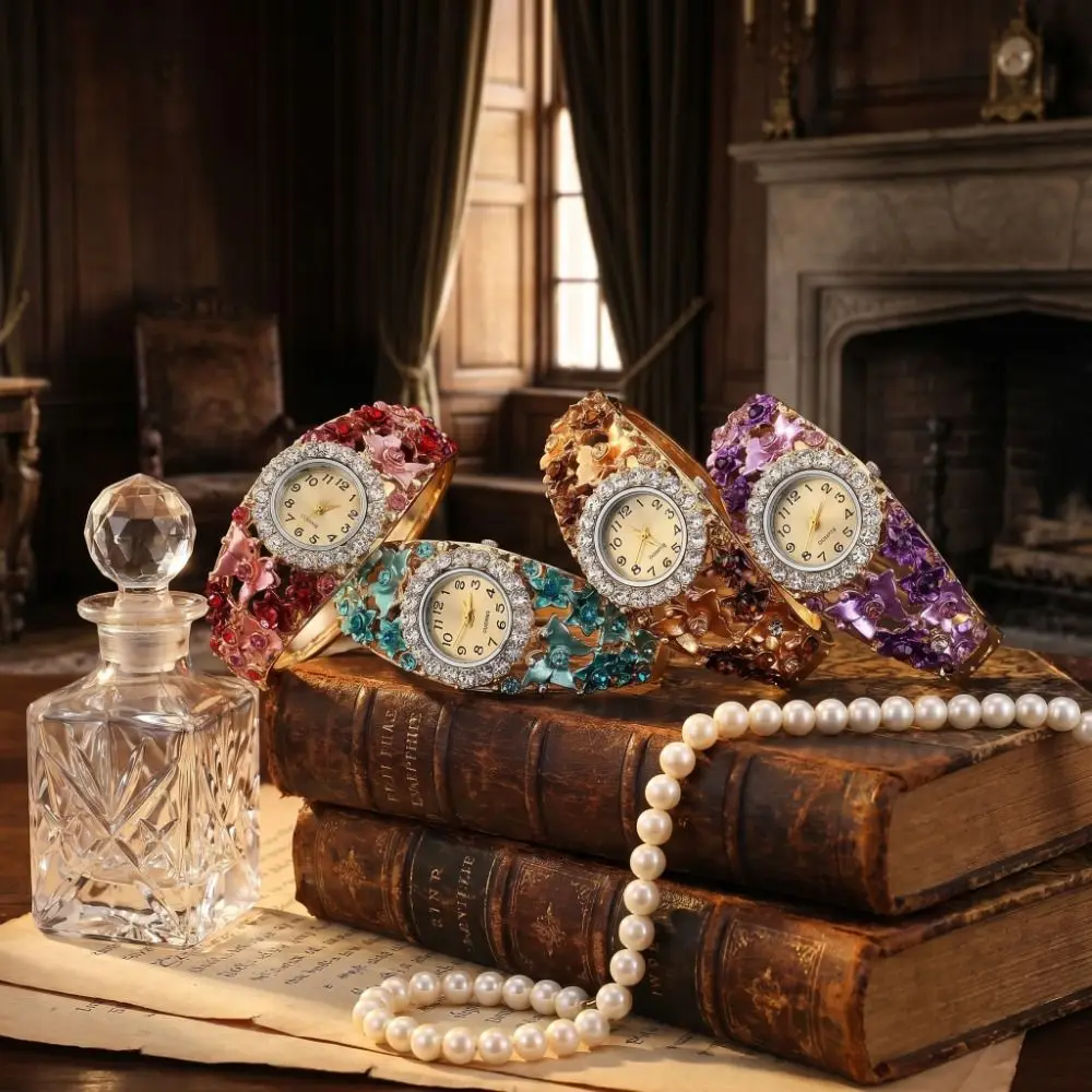

Rich In Flowers Vintage Watch Rhinestone Bracelet Crystal Jewelry Quartz Watch Versatile Design Round Dial Ladies Wristwatch