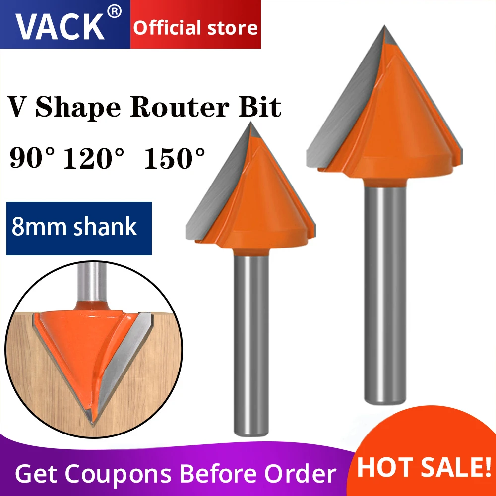 VACK 6/8mm V Shape CNC Solid Wood Milling Cutter Carbide End Mill for Woodworking Router Bit with 60° 90° 120° 150° Degree Angle