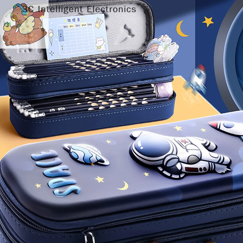 3D Astronaut Pencil Case Boys Stationery New Popular Student Double-layer Large Capacity Waterproof Pink Rabbit