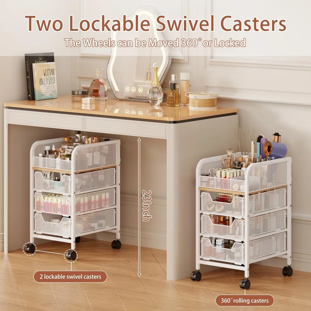 3-Drawer Rolling Makeup Cart with 4 Tiers, Slim Vanity Organizer for Cosmetics and Hair Tools in White