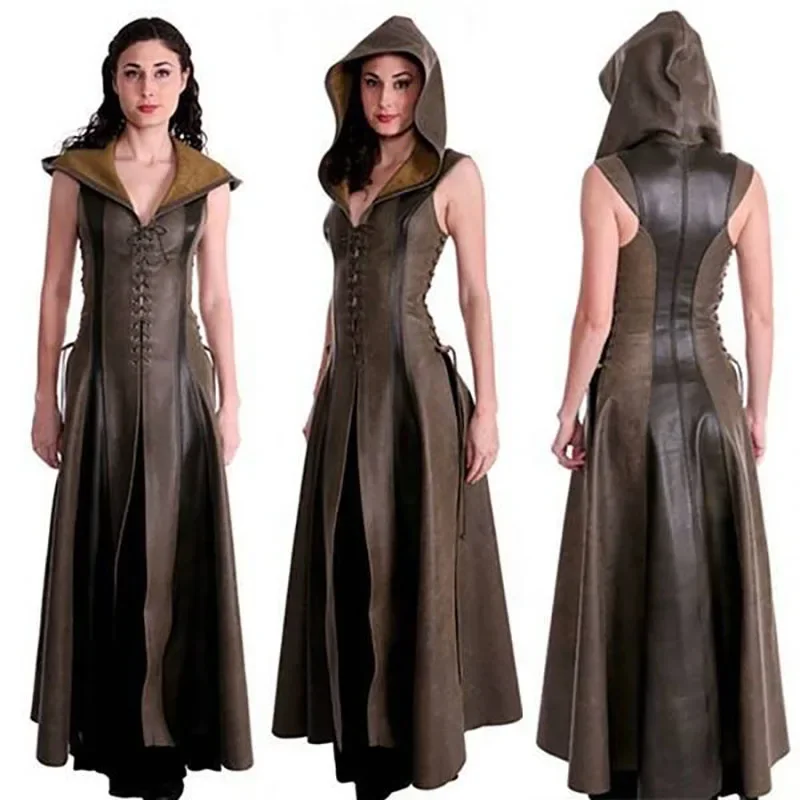 Vrouwen Middeleeuwse Larp Archer Ranger Elf Kostuum Vrouwelijke Krijger Halloween Robin Cosplay Bandage Jurk Lederen Capuchon Gewaad Maxi Mantel