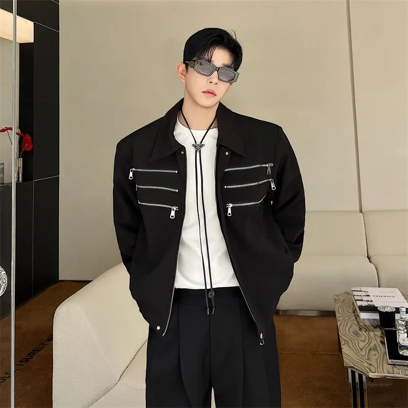 Trendy Men Street Jacket 2026 Fall Metal Zipper Show Shoulder Pad Collar Slim Fit Cool Stage Performance Coat