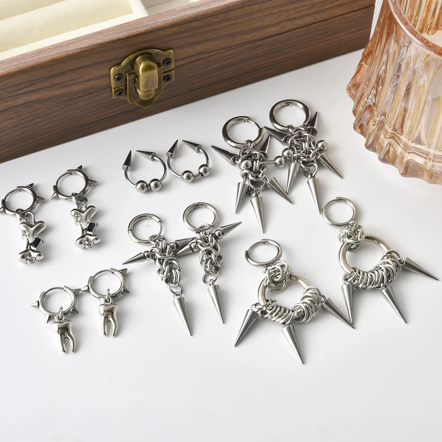 1Pair Stainless Steel Hip Hop Cross Spike Rivet Huggies Aretes Harajuku Girl Rock Steampunk Cone Goth Hoop Earrings Jewelry