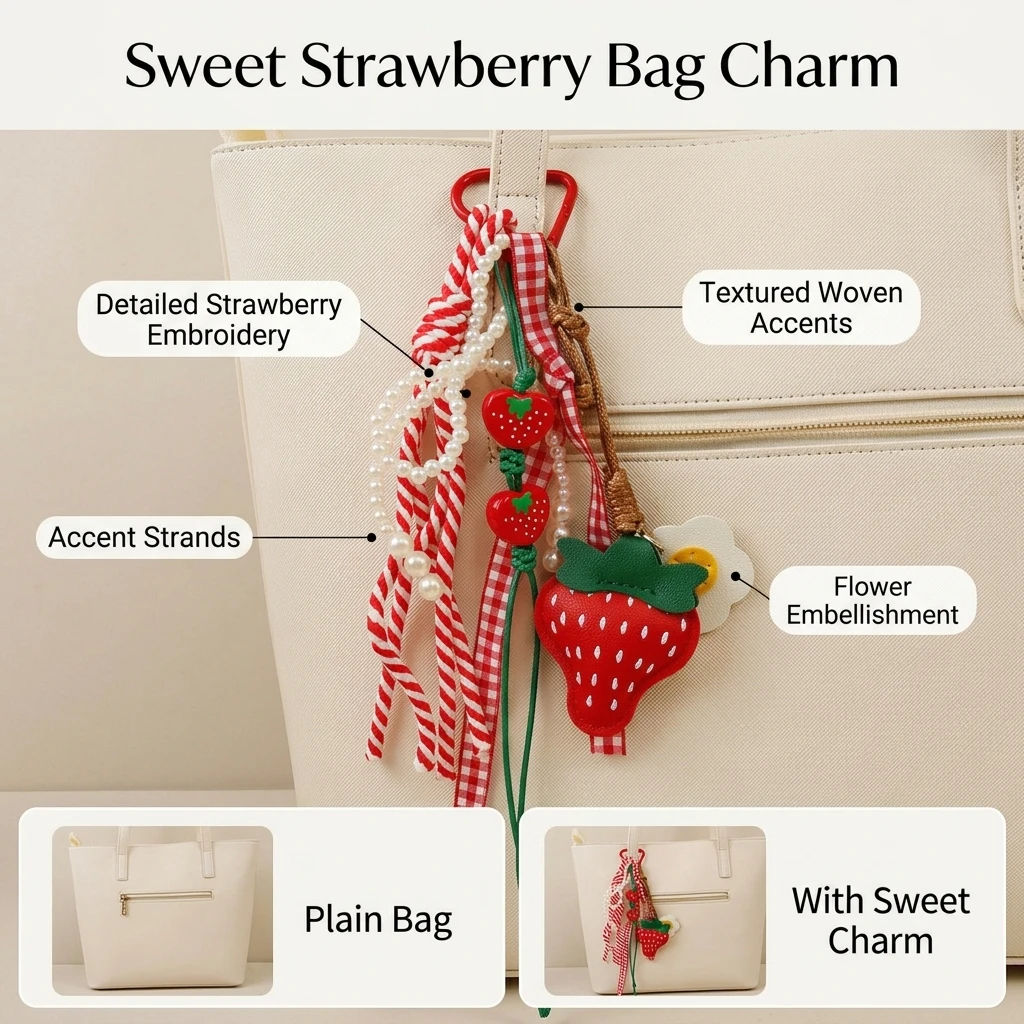 Polyester Bag Charm for Daily Outing Women Sweet Strawberry Flower Woven Keychain Cute Bows Embroidery Design Accessories