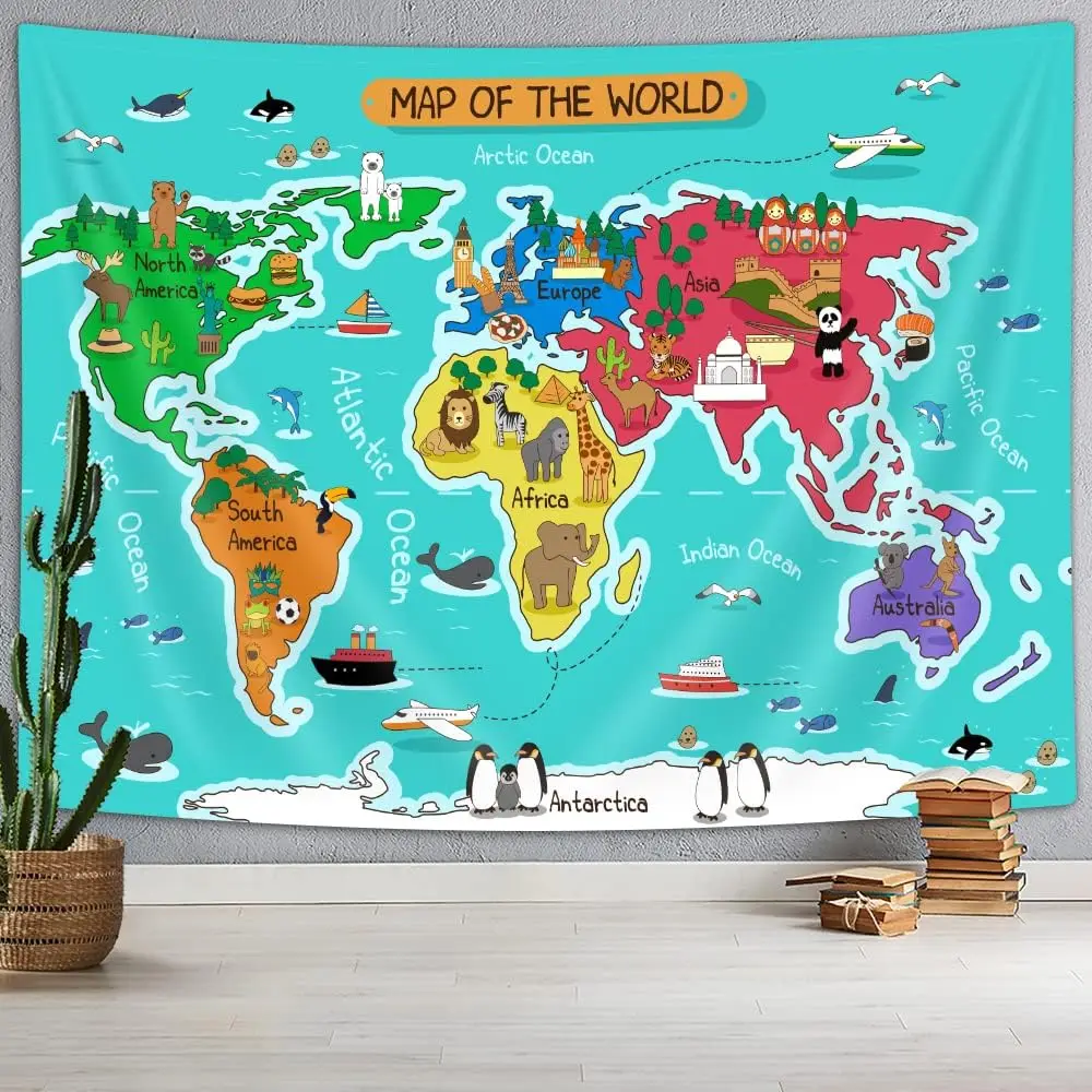 Tapisserie de carte du monde de dessin animé, point de terre d'animal, géographie éducative, Art mural pour chambre d'enfants, décor de dortoir de salle de classe