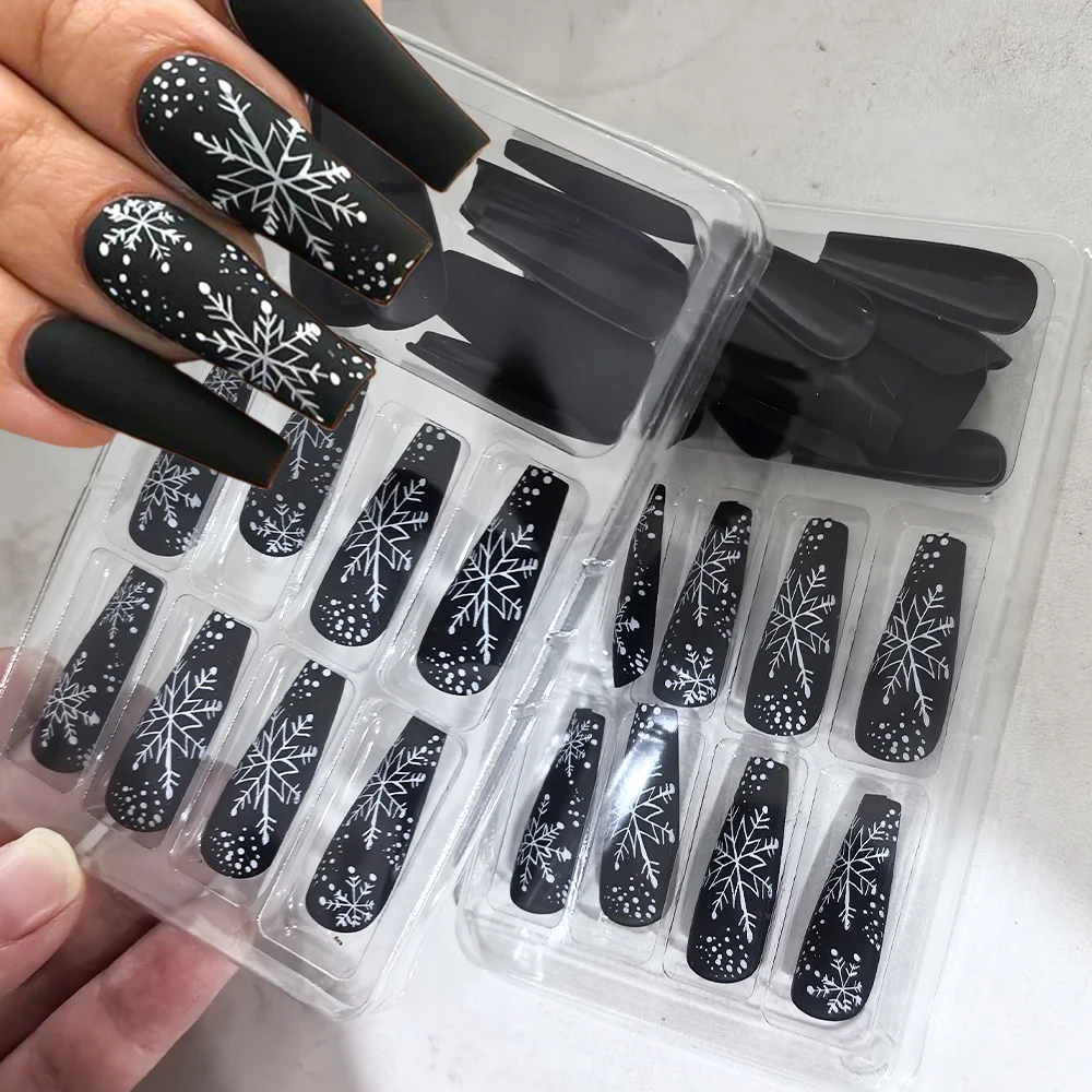 24pcs Matte Black Long Coffin Press on Nails with 3d White Snowflakes Print Long Ballet Fake Nails for Christmas Decoration Nail