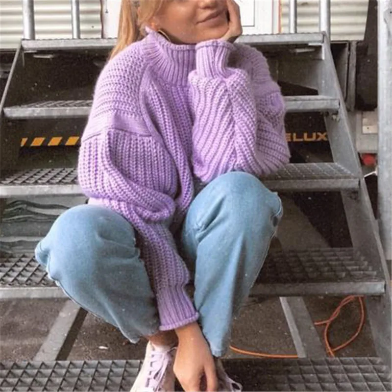 Turtleneck Sweaters Women Casual Loose Jumper Long Sleeve Knitted Tops Pullover Autumn Winter Oversized Women's Sweaters Purple
