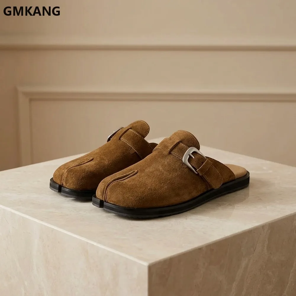 Women's Tabi Split Toe Leather Suede Mule Sandals Buckle Slip On Flat Heels Comfortable Casual Summer Shoes GMKANG