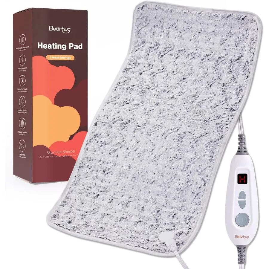 

Bearhug XXL Electric Heated Pad 17''x33'' Double-Sided Faux Fur Heating Pad 6 Heat Levels 2-Hour Auto-Off Moist and Dry Heat Th