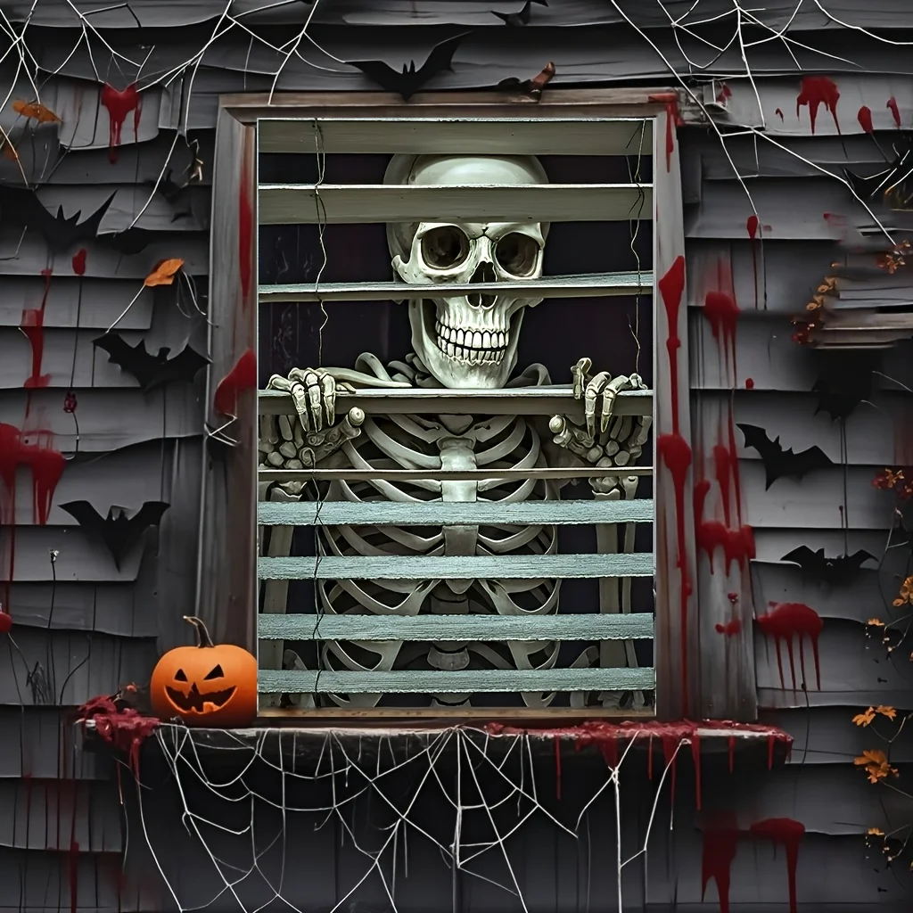 2D flach, 2D, ein Halloween-Party-Fensterbanner mit erschreckendem Totenkopf, das das Design mit ungewöhnlichem Lächeln erkunden