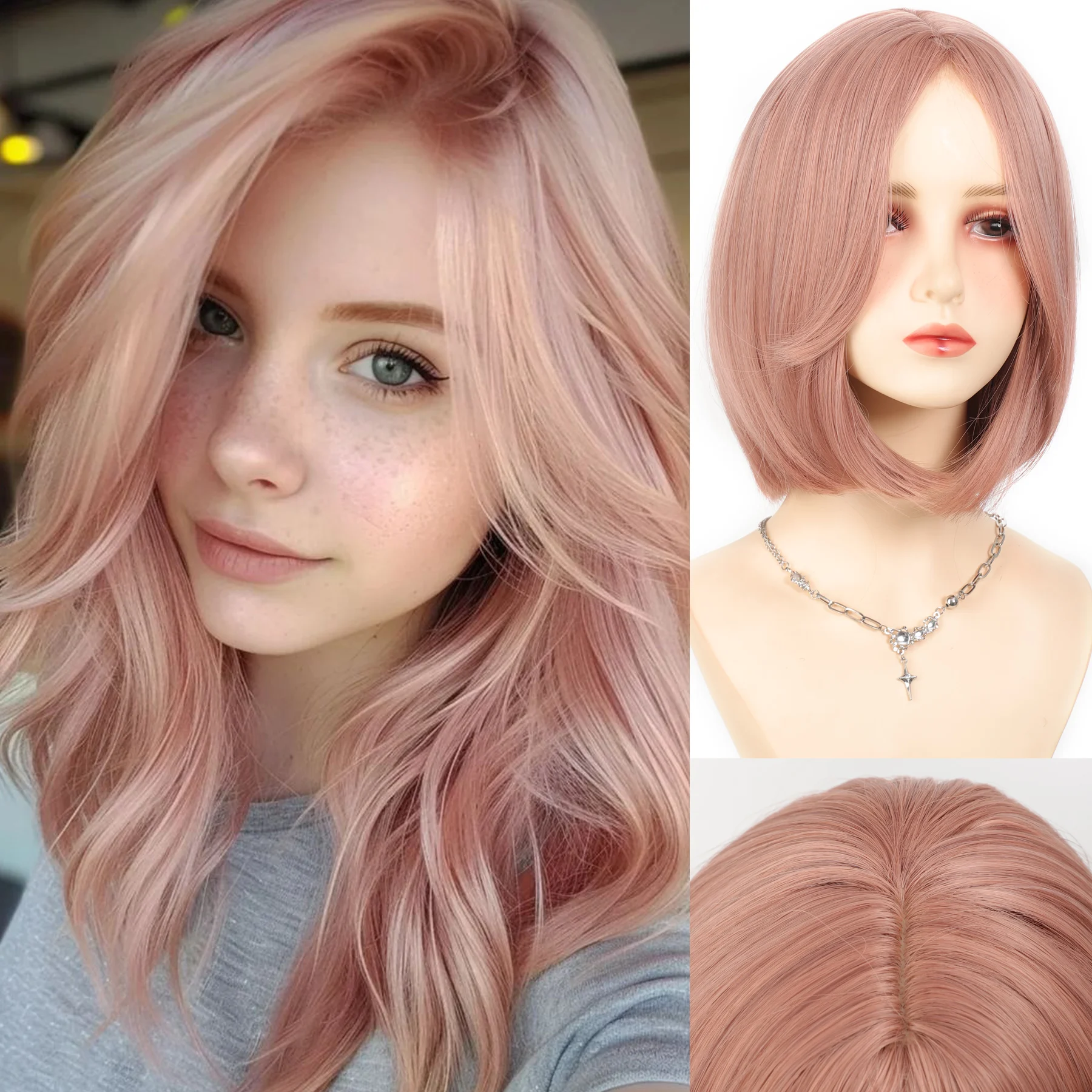 

Cinnamon powder Synthetic Wigs Short Straight Bob Wigs for Women Middle Part Lolita Cosplay Natural Hair Heat Resistant Fiber