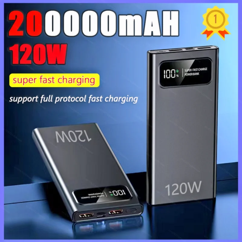 120W 200000mAh Power Bank Super Fast Charging High Capacity Portable Digital Display LED Power Bank For iPhone Samsung Xiaomi