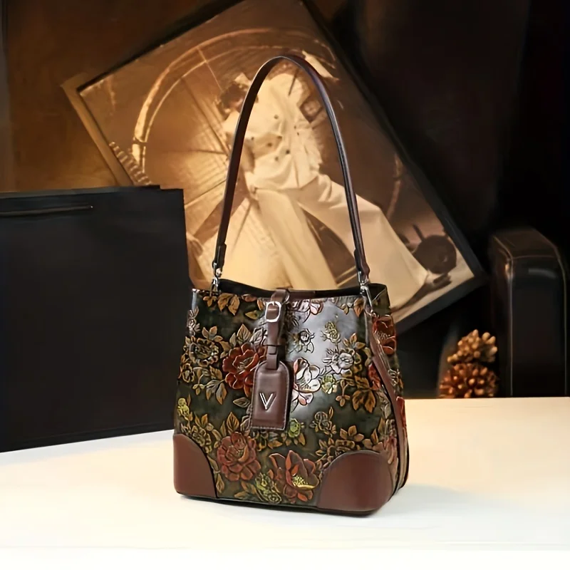 Armpit bucket bag fashion middle-aged mother large-capacity bag retro ink painting atmosphere fashion messenger bag