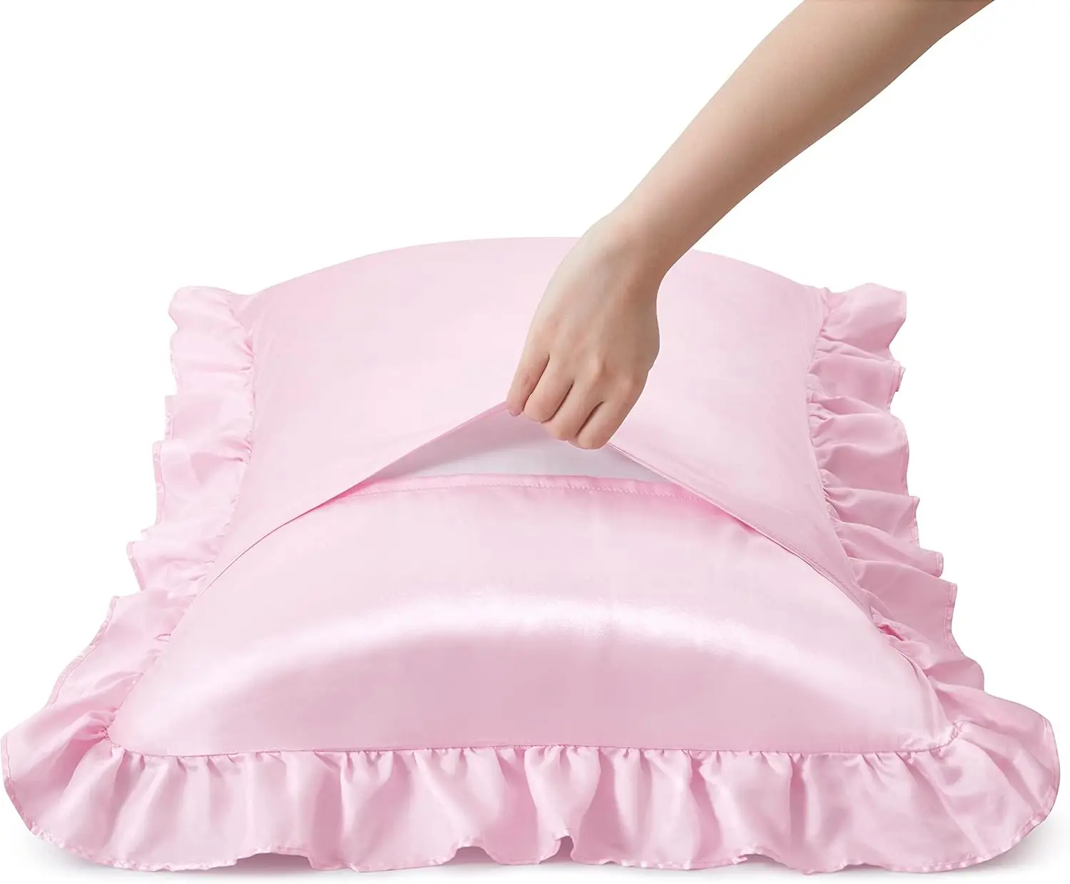 2Pcs Satin Ruffled Pillow Cases for Hair and Skin, Solid Color Silk Pillowcases with Envelope Closure Princess Room Decoration view 3
