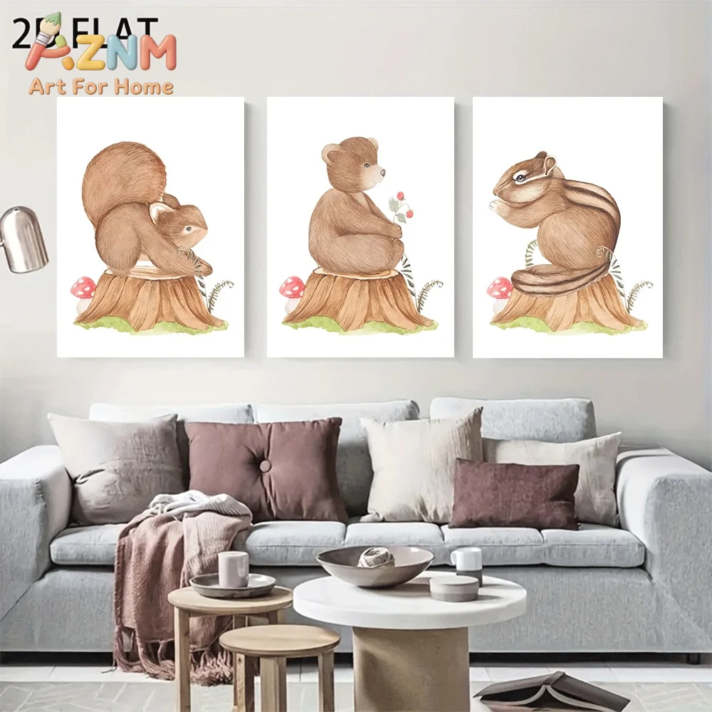 AZNM Watercolor Squirrel Bear Chipmunk Tree Stump Mushroom Canvas Wall Art, Cute Woodland Animal Print Painting for Baby Nursery