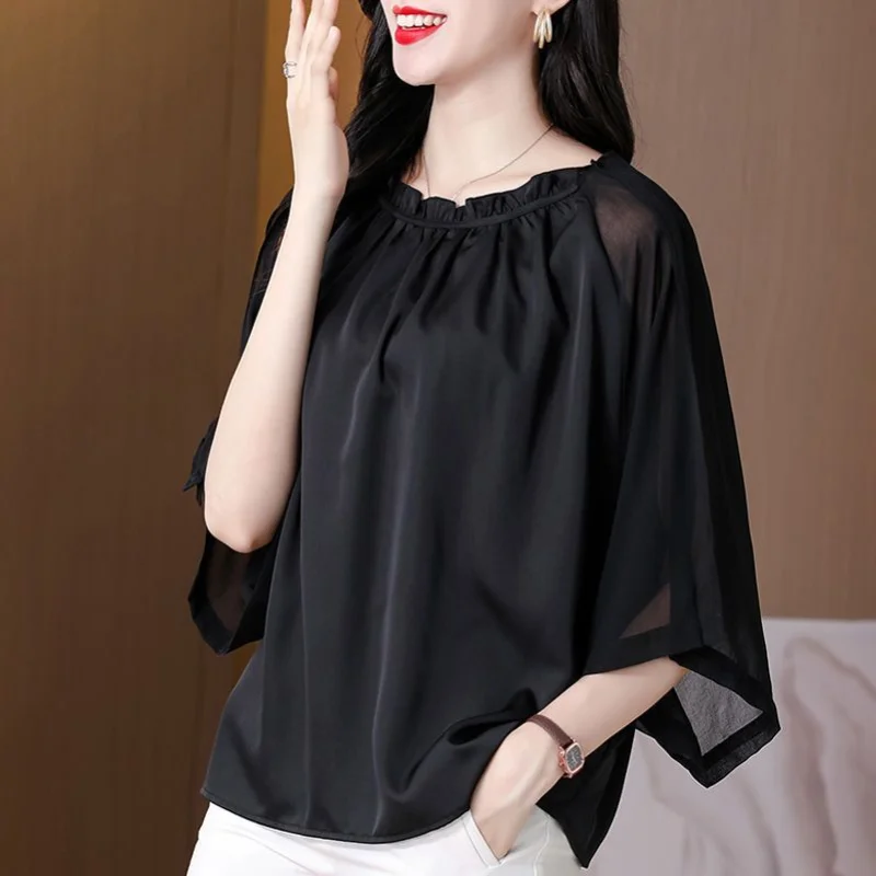 

Chiffon T-shirt Women Short Sleeve Blouse 2023 Summer Solid Small Shirt Slim Cover Belly Top Women High end Blouse Female Tops