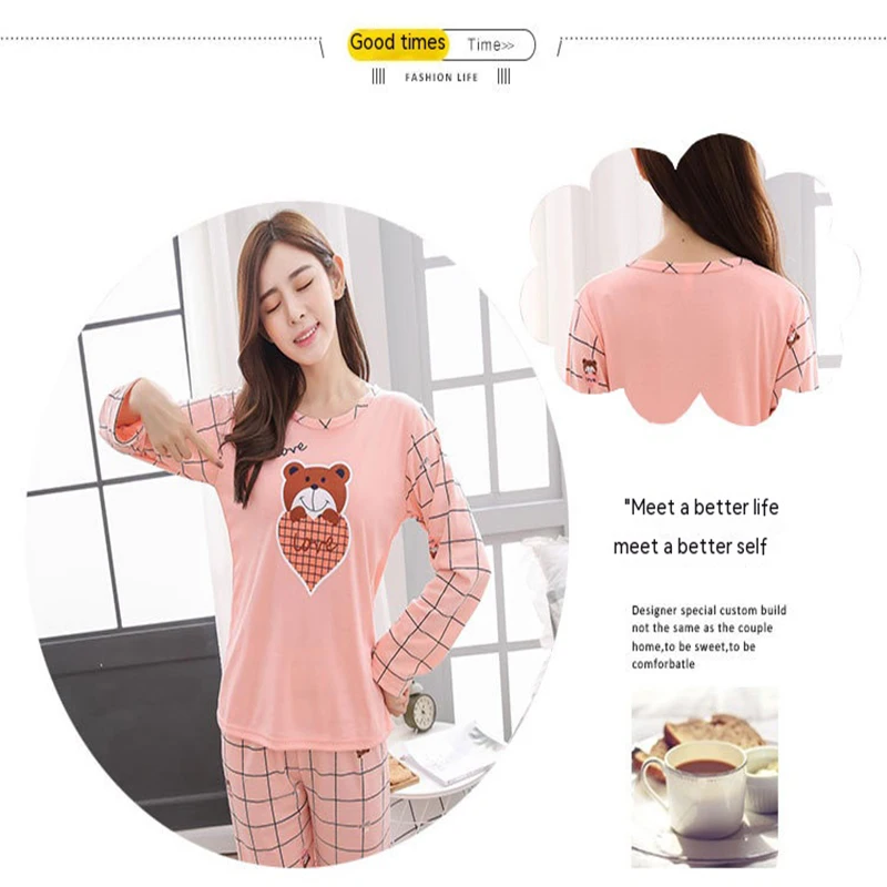 Long-Sleeved Pyjamas 2024 New Ladies Cartoon Cute Peach Heart Long-Sleeved Trousers Homewear Clothing Can Be Worn Outside