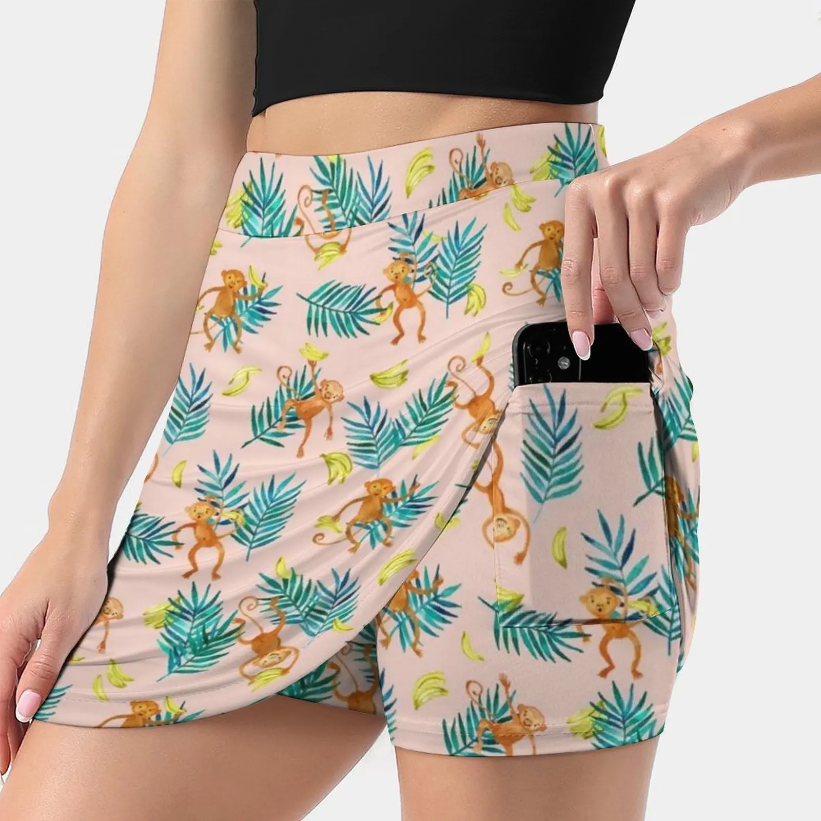 

Tropical Monkey Banana Bonanza On Blush Pink Women's skirt Y2K Summer Clothes 2022 Kpop Style Trouser Skirt With Pocket Monkey