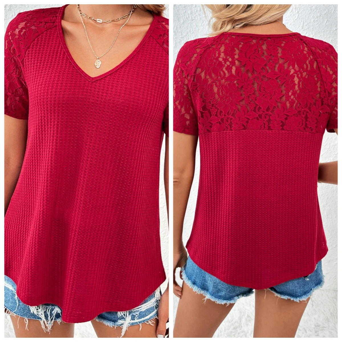 2026 Spring Summer Blouses Women New Solid Color V-Neck Loose Lace Patchwork Short Sleeve Shirts Top For Women Casual Streetwear