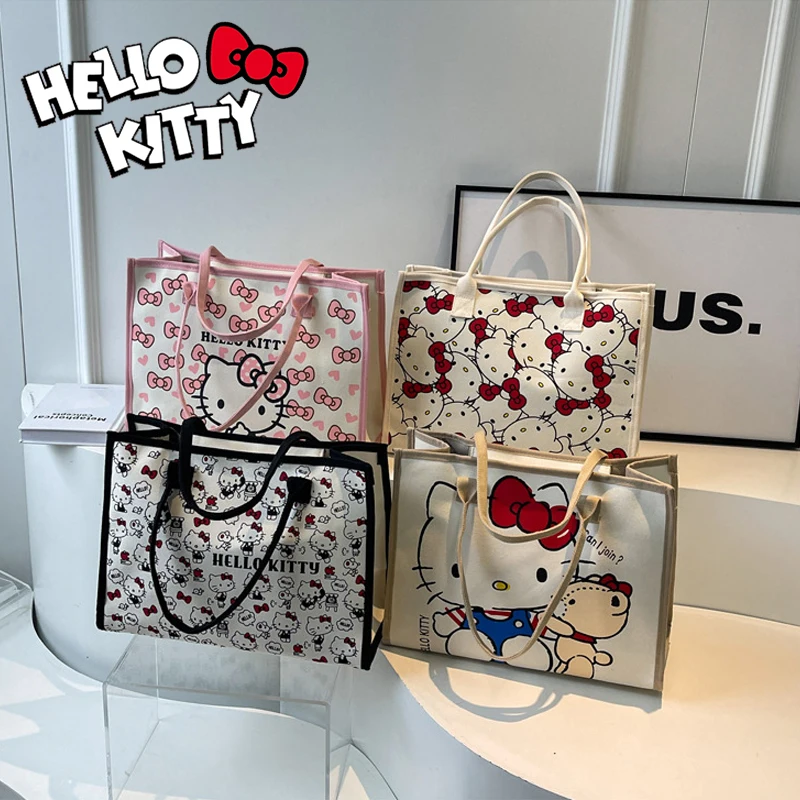 Torba damska torba Sanrio Hello Kitty modna pod pachami torby na ramię o dużej pojemności płócienne torebki dama Retro na zakupy na co dzień