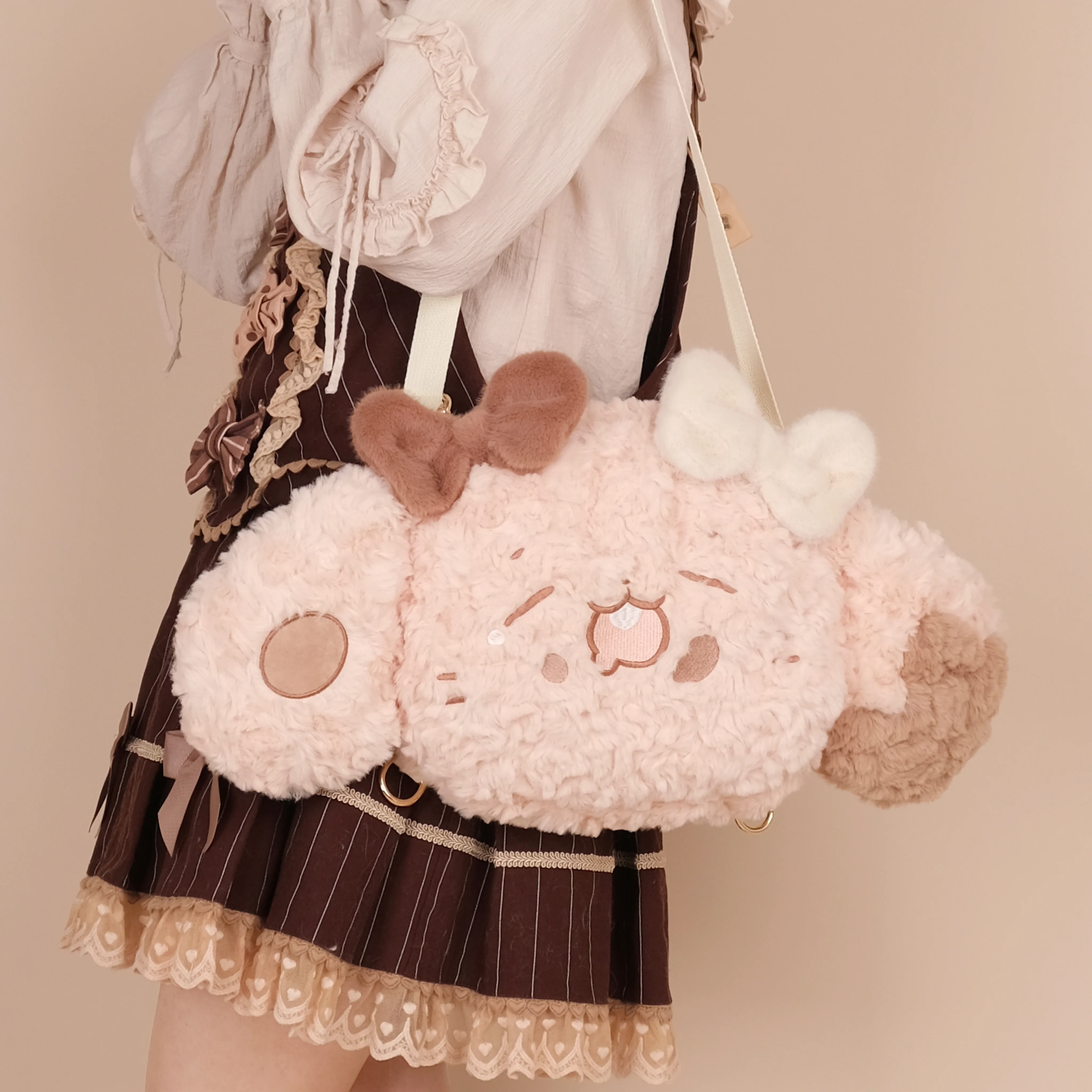 

Sweet Cute Lolita Bags for Womens Bow Plush Chocolate Puppy Shoulder Bag Kawaii Japanese Versatile Lovely Girl Backpack