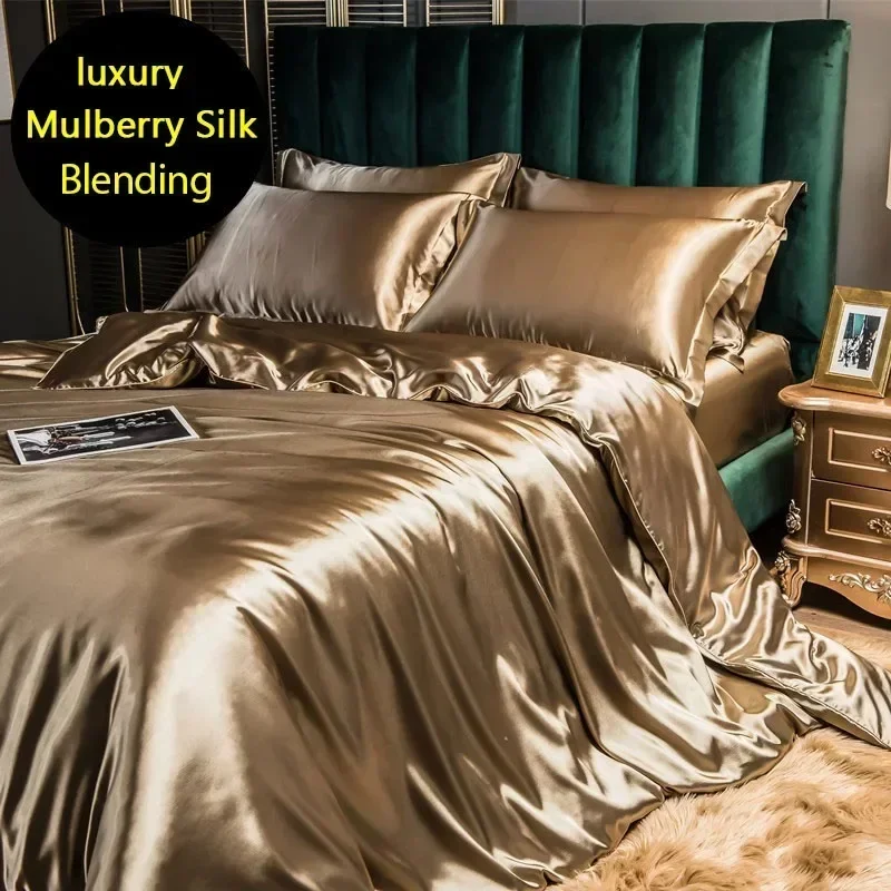 Blending Mulberry Silk Bedding Set Silky High-end Queen Size Duvet Cover Set with Fitted Sheet Luxury Bedding Sets King Bed Sets