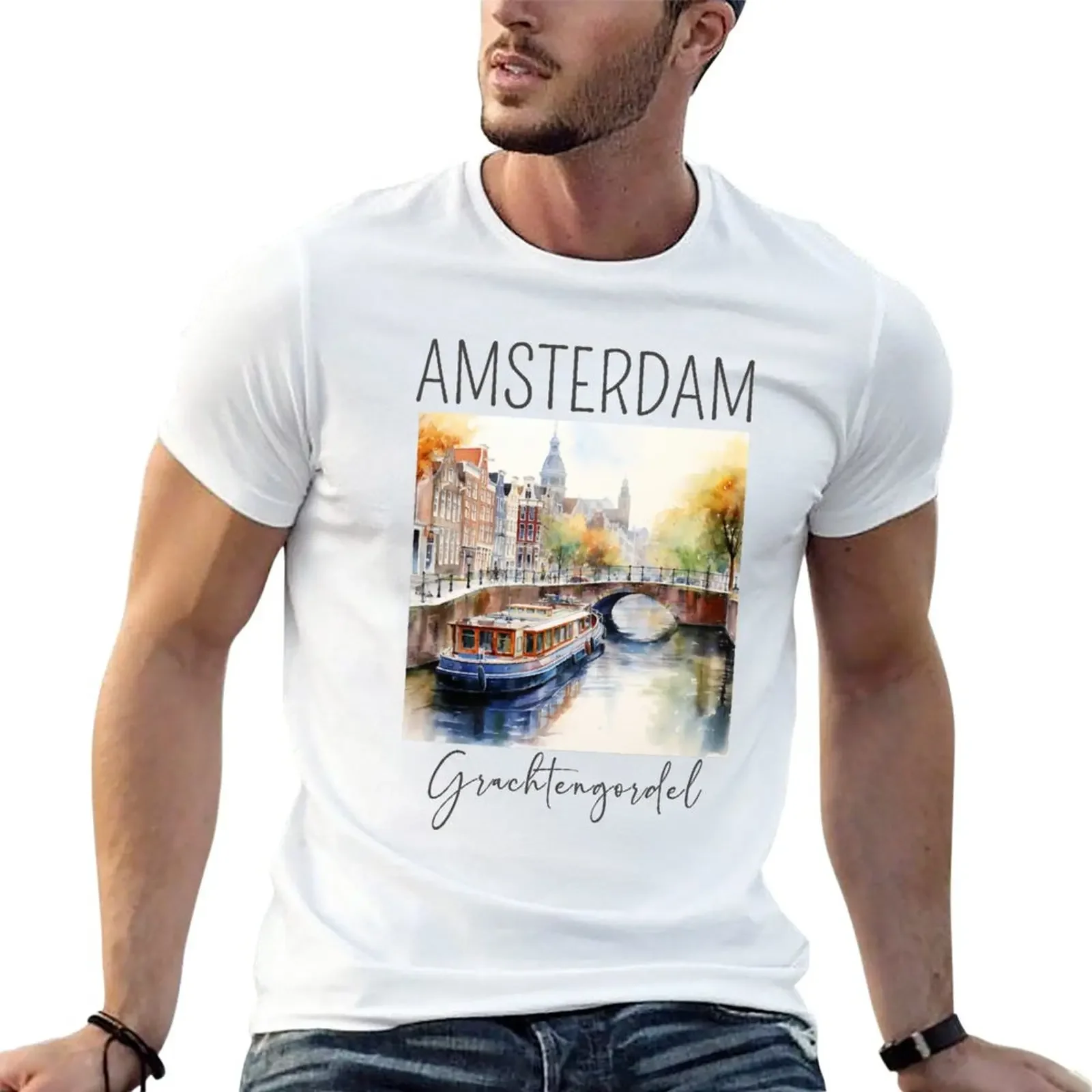 New A Watercolor Design of the Grachtengordel (Canal Ring) - Amsterdam - Netherlands T-Shirt