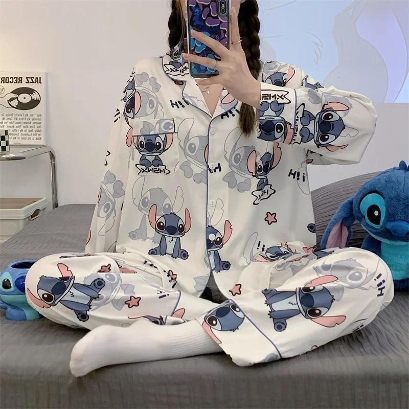 Disney Stitch spring and autumn new pajamas female cute cartoon loose imitation cotton sweet outside loungewear set