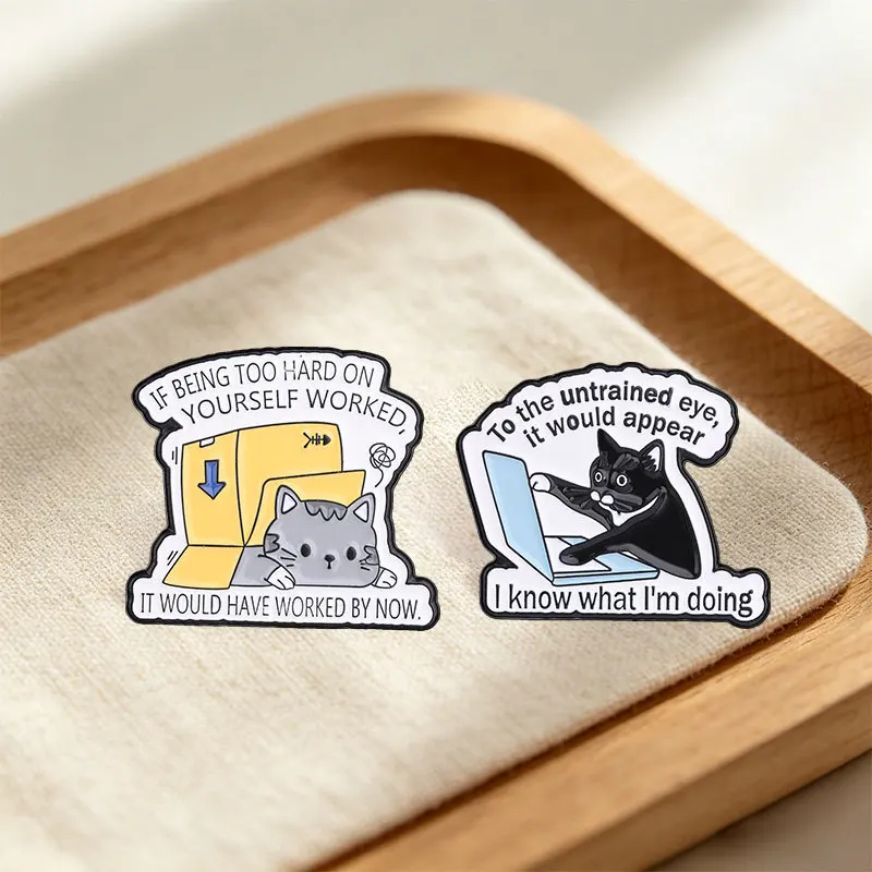 Cartoon Black Grey Cat Pins Brooch Creative Complain Hard Work On Company Enamel Lapel Pin Corsage Accessory Ornament Gift For F