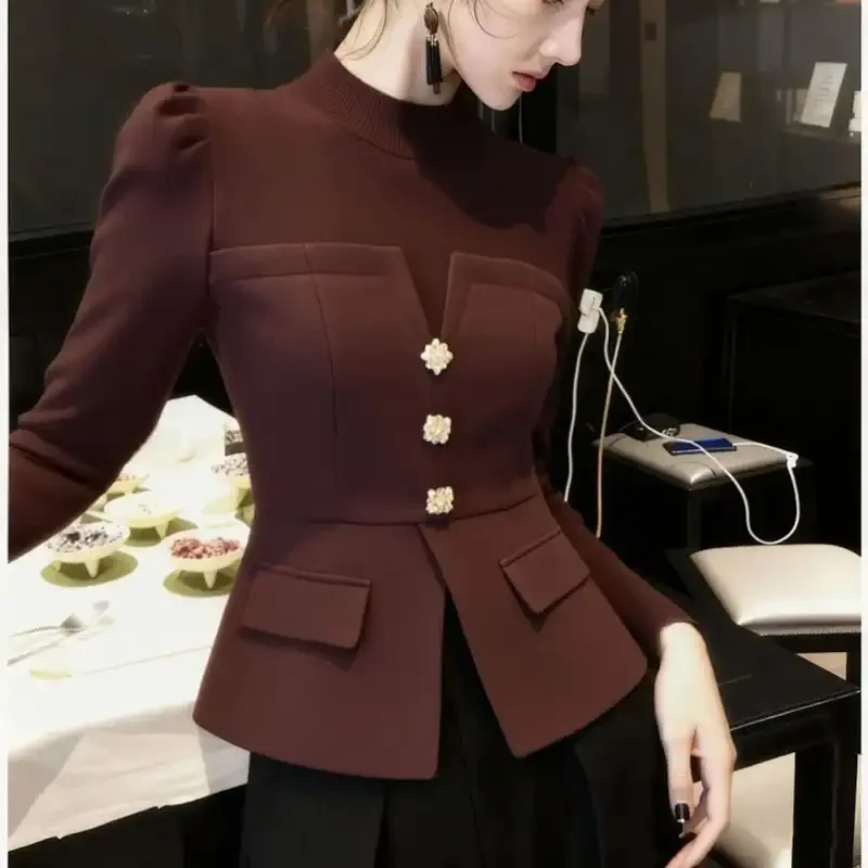 

Women's Elegant High Neck Solid Patchwork Button Blouse 2026 Spring Autumn Pullover Base Layer Office Top