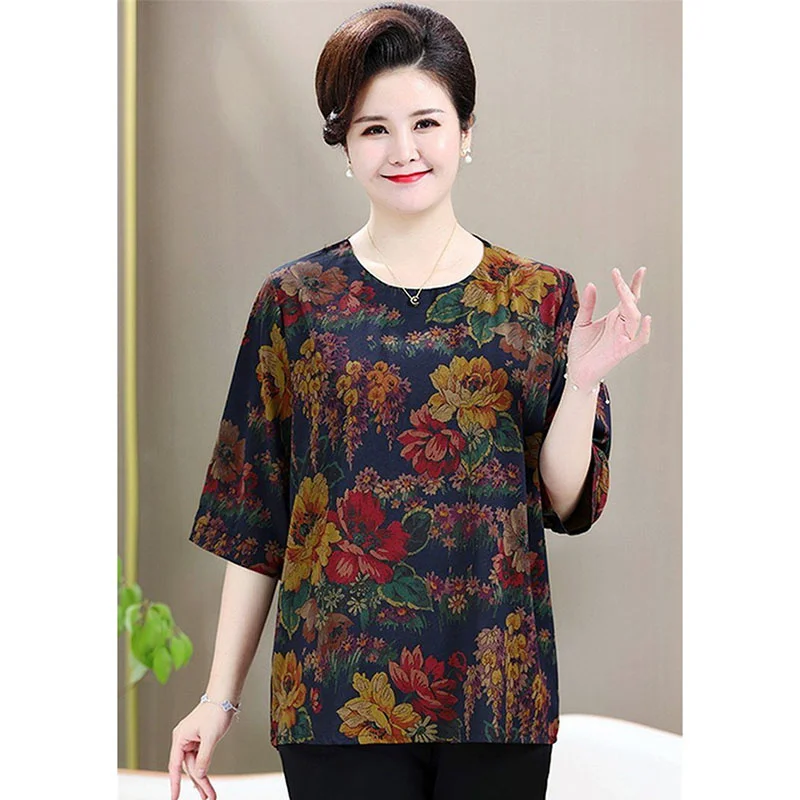 Summer Female Ice Silk Patterned Tops Korean Ladies Large Size 6XL T-Shirt Middle-aged Mom Fashion Round Neck Loode Blouse Coat