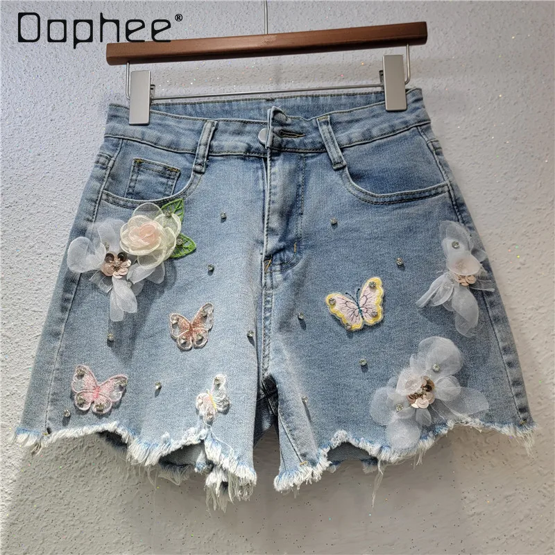 

European Station Personalized Denim Shorts Women 2025 Summer New Trend Ripped Beads Flower Embroidery Slim Wide-leg Pants Trendy