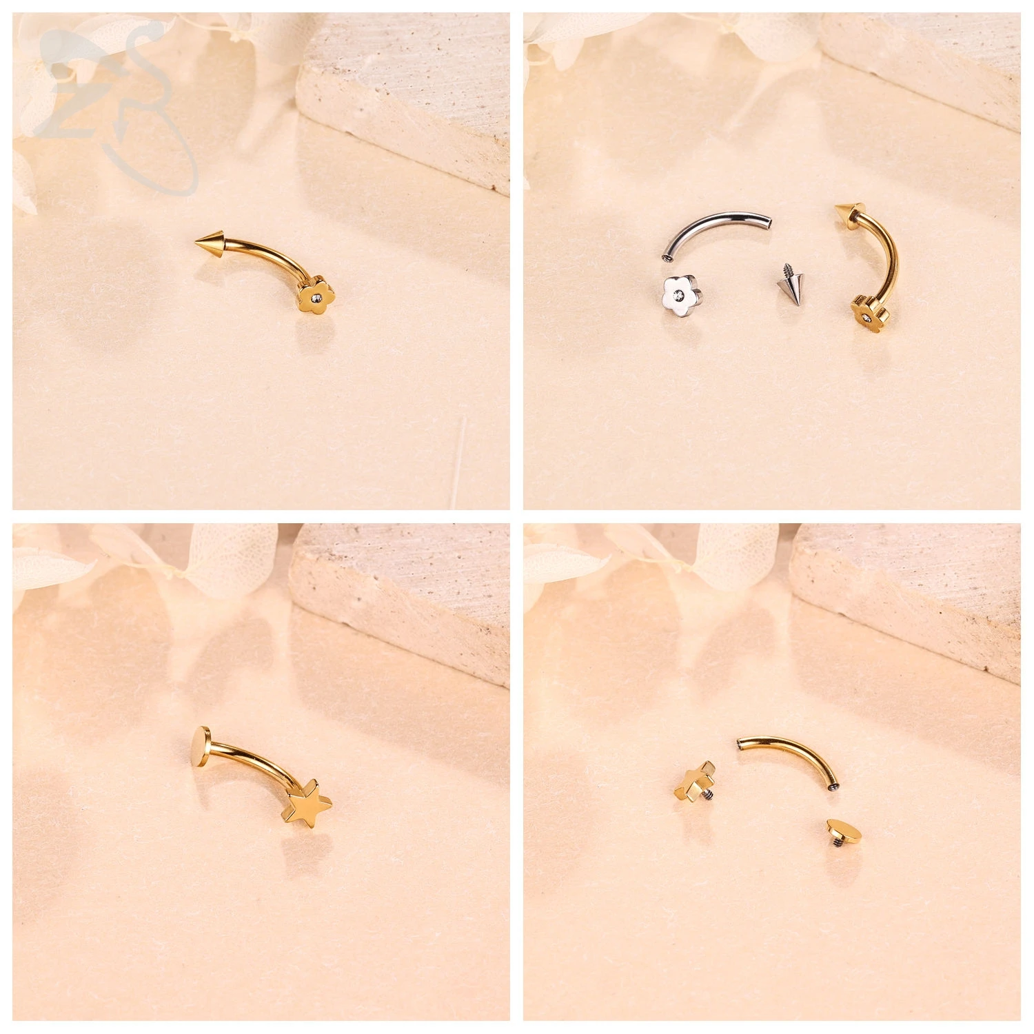 ZS 1PC Spike Bridge Piercing Stainless Steel Eyebrow Ring Curved Barbell Cartilage Earring Heart Moon Star Cone Labret Piercing image 4