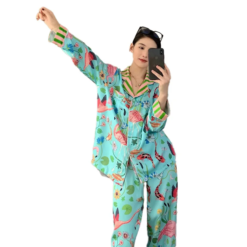 Pajamas for Women in Spring and Summer Long Sleeved Flower and Bird Patterns High-end New Luxurious Sexy Comfortable Home Decor