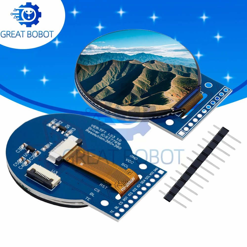 1.5-Inch Round TFT LCD Screen with ST77916 Driver: 360×360 Pixel Resolution, QSPI Interface, Full-Color Display Compatible