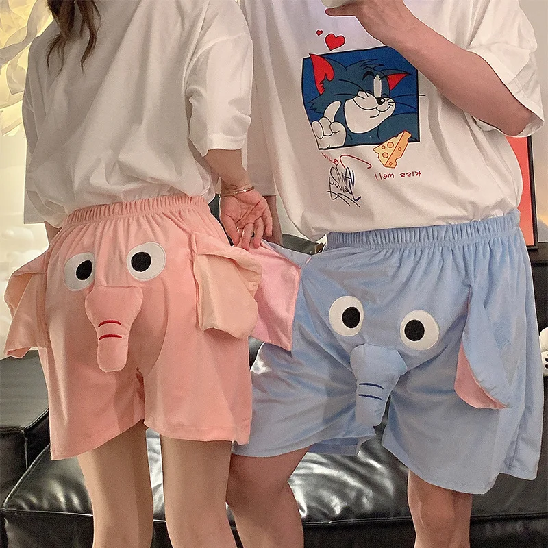 Funny Couple Pajamas Shorts Elephant Big Nose Ears Trunk Homewear Cartoon Furry Flannel Sleep Bottoms Loose Casual Loungewear