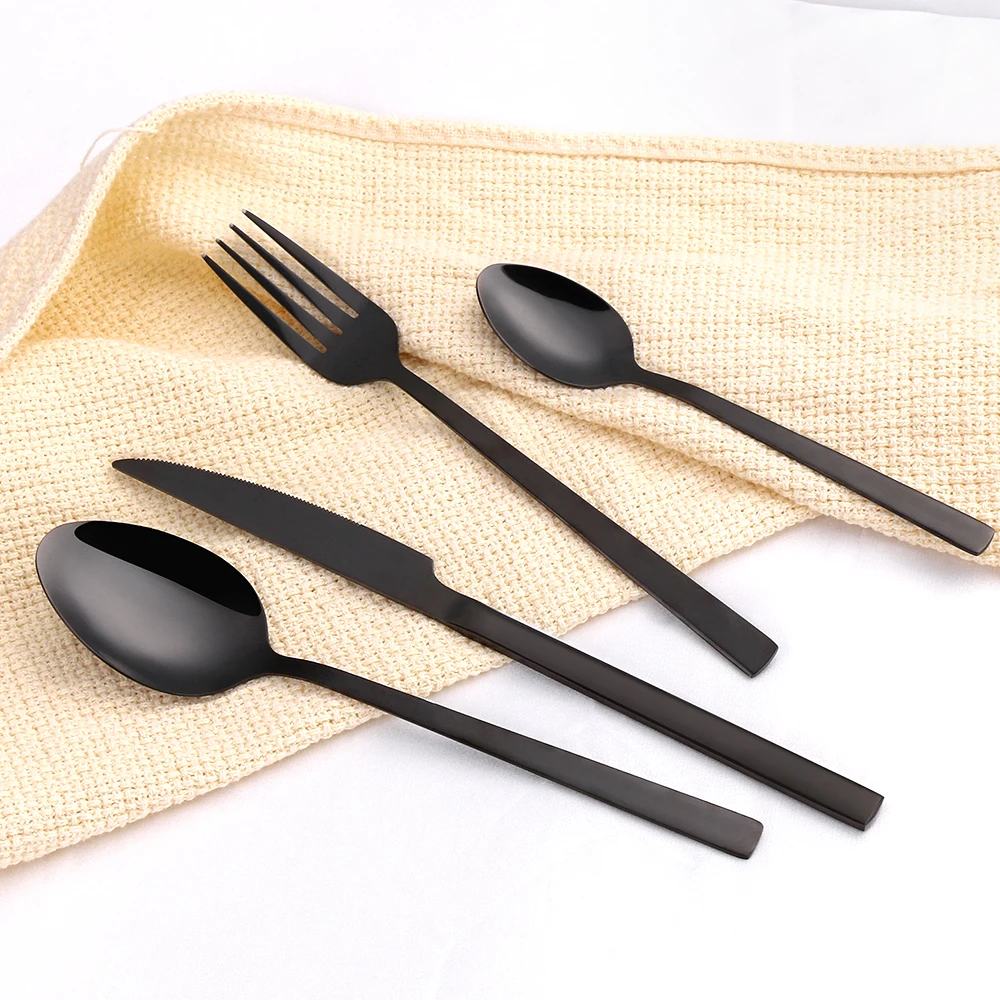 Black Cutlery Stainless Steel Western Tableware Mirror Knife Fork Spoon Dinnerware Kitchen Utensils 1/2/3/4/5 Set Flatware